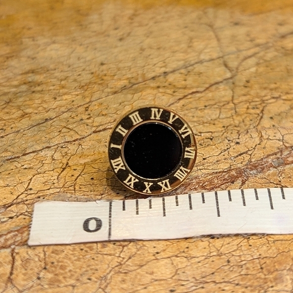 Gold Roman Numeral Stud Earrings Black Dot Round Designer Minimalism 7/16 inch - Picture 2 of 3